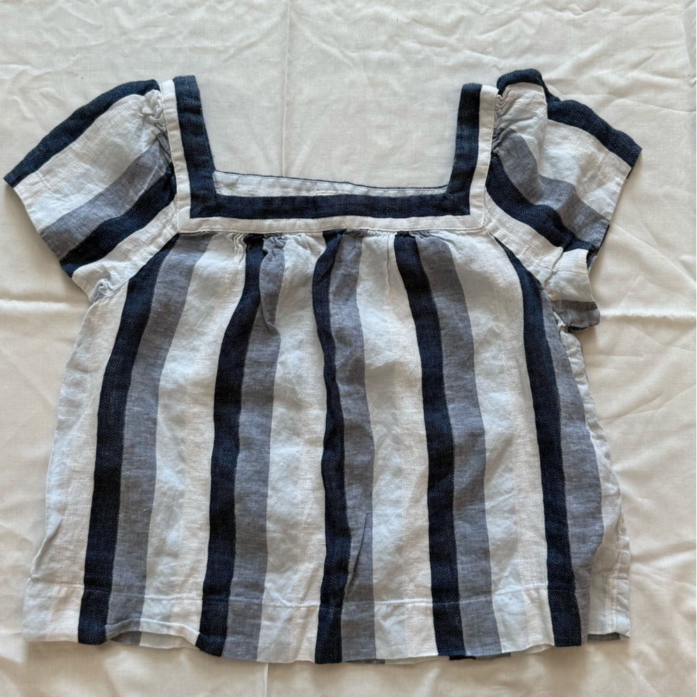 Point Sur Linen Square Neck Blouse - Blue and White